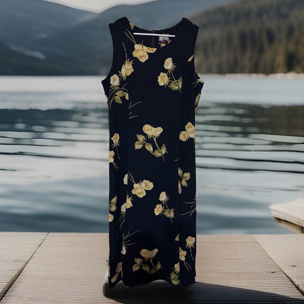 Chic Premier Navy/Yellow floral sheath Dress Boho MIDI SZ Cottage‎ Core XL